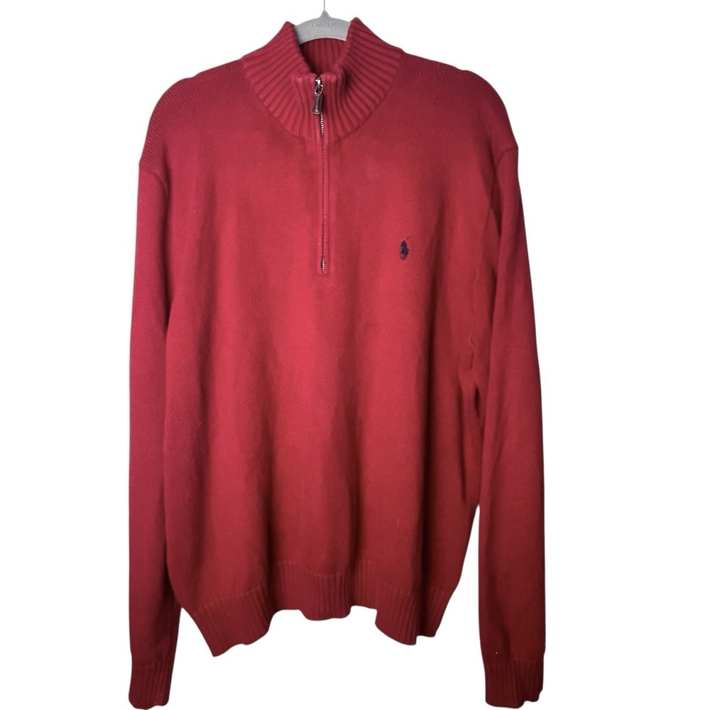 Polo Ralph Lauren Men's Red 1/4 Zip Cotton Sweater XL Blue Pony Leather Pull